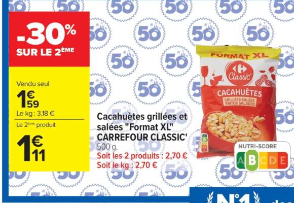 Cacahuètes grillées et salées "Format XL" CARREFOUR CLASSIC