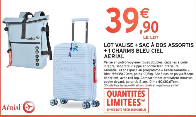 LOT VALISE + SAC À DOS ASSORTIS + 1 CHARMS BLEU CIEL AERIAL