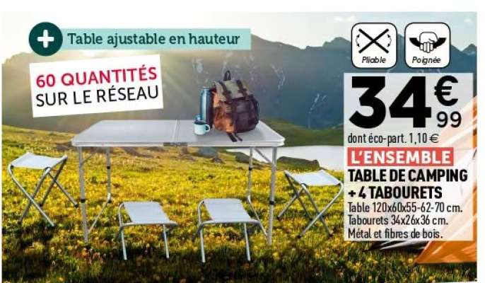 L'ENSEMBLE TABLE DE CAMPING + 4 TABOURETS