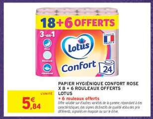 PAPIER HYGIÉNIQUE CONFORT ROSE X 8 + 6 ROULEAUX OFFERTS LOTUS