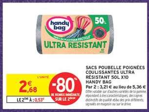 SACS POUBELLE POIGNÉES COULISSANTES ULTRA RÉSISTANT 50L X10 HANDY BAG