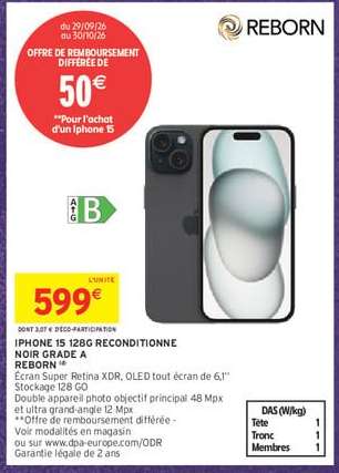 iPhone 15 128G Reconditionné Noir Grade A