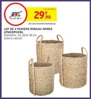 Lot de 3 Paniers Roseau Ronds Atmosphera
