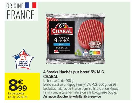 4 steaks hachés pur bœuf 5% M.G. CHARAL