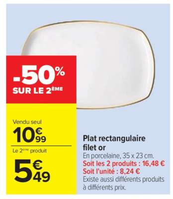 Plat rectangulaire filet or