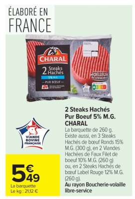 2 Steaks Hachés Pur Boeuf 5% M.G. Charal