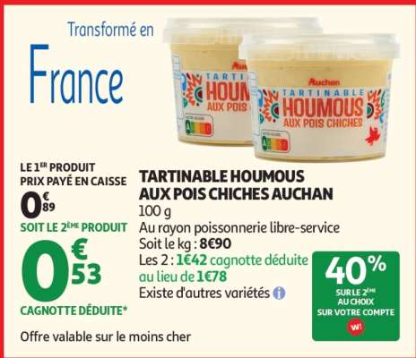 TARTINABLE HOUMOUS AUX POIS CHICHES AUCHAN
