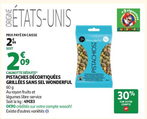 PISTACHES DÉCORTIQUÉES GRILLÉES SANS SEL WONDERFUL