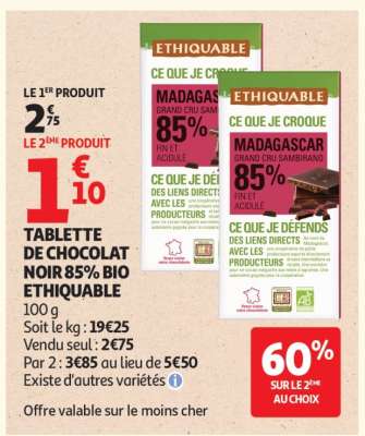 TABLETTE DE CHOCOLAT NOIR 85% BIO ETHIQUABLE