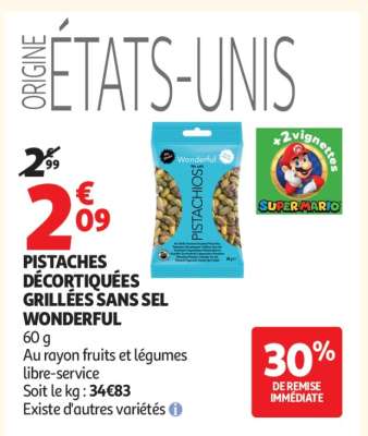PISTACHES DÉCORTIQUÉES GRILLÉES SANS SEL WONDERFUL