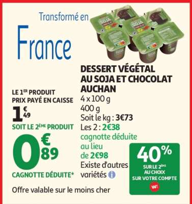 DESSERT VÉGÉTAL AU SOJA ET CHOCOLAT AUCHAN