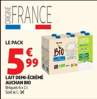 LE PACK LAIT DEMI-ÉCRÉMÉ AUCHAN BIO