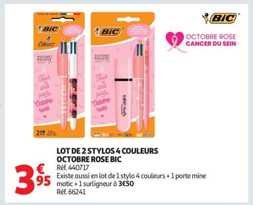 LOT DE 2 STYLOS 4 COULEURS OCTOBRE ROSE BIC