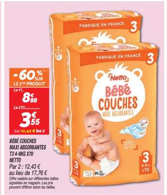 BÉBÉ COUCHES MAXI ABSORBANTES T3 4-9KG X70 NETTO