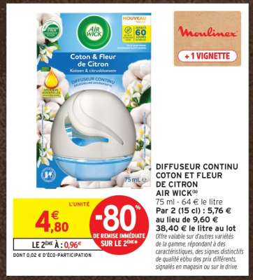 DIFFUSEUR CONTINU COTON ET FLEUR DE CITRON AIR WICK