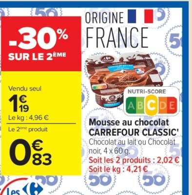 Mousse au chocolat CARREFOUR CLASSIC'