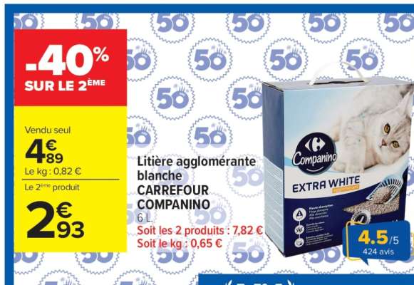 Litière agglomérante blanche CARREFOUR COMPANINO