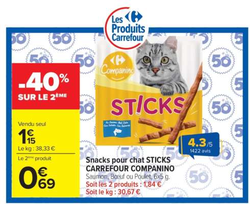 Snacks pour chat STICKS CARREFOUR COMPANINO