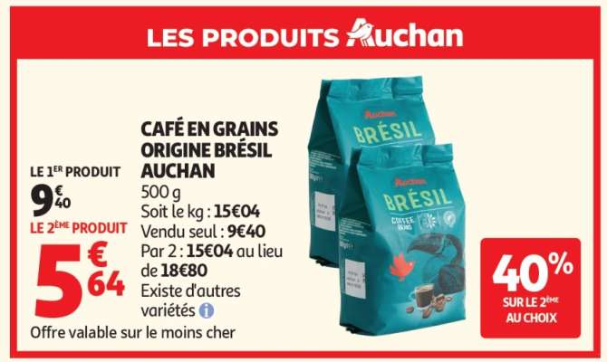 CAFÉ EN GRAINS ORIGINE BRÉSIL AUCHAN