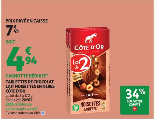 Tablettes De Chocolat Lait Noisettes Entières Côte D'or