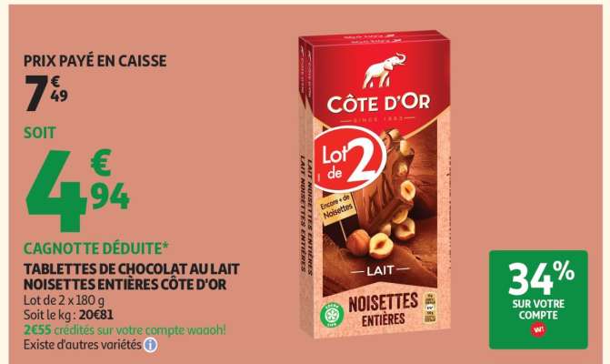 Côte d'Or Tablettes de Chocolat au Lait Noisettes Entières