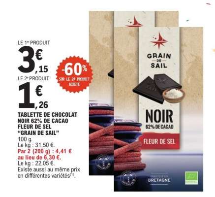 TABLETTE DE CHOCOLAT NOIR 62% DE CACAO FLEUR DE SEL 'GRAIN DE SAIL'