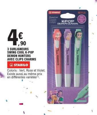 3 SURLIGNEURS SWING COOL K-POP DEMON HUNTERS AVEC CLIPS CHARMS
