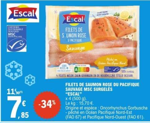 FILETS DE SAUMON ROSE DU PACIFIQUE SAUVAGE MSC SURGELÉS “ESCAL”