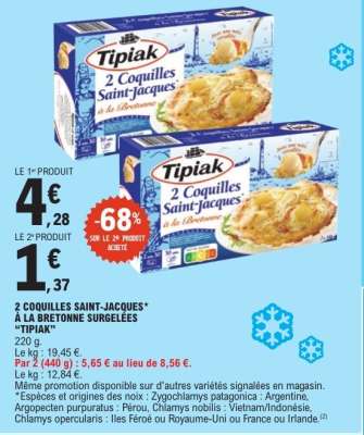 2 COQUILLES SAINT-JACQUES* À LA BRETONNE SURGELÉES “TIPIAK”