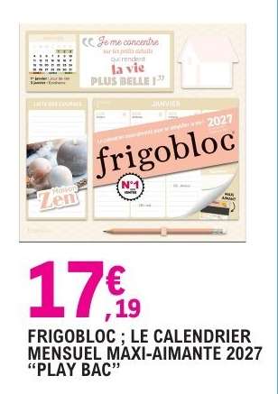FRIGOBLOC ; LE CALENDRIER MENSUEL MAXI-AIMANTE 2027 “PLAY BAC”