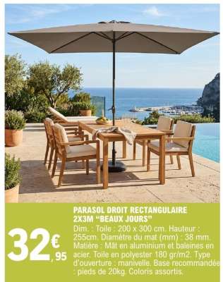 PARASOL DROIT RECTANGULAIRE 2X3M "BEAUX JOURS"