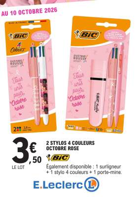 2 STYLOS 4 COULEURS OCTOBRE ROSE