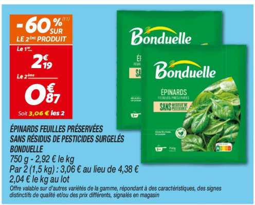 BONDUELLE ÉPINARDS FEUILLES PRÉSERVÉES SANS RÉSIDUS DE PESTICIDES SURGELÉS