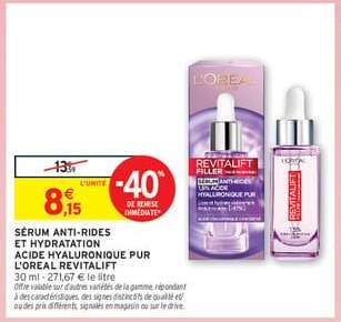 SÉRUM ANTI-RIDES ET HYDRATATION ACIDE HYALURONIQUE PUR L'OREAL REVITALIFT