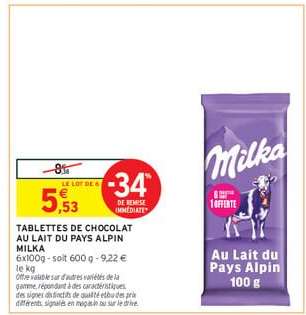 Tablettes De Chocolat Au Lait Du Pays Alpin Milka