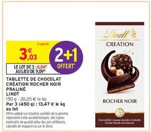 TABLETTE DE CHOCOLAT CRÉATION ROCHER NOIR PRALINÉ LINDT