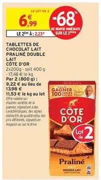 TABLETTES DE CHOCOLAT LAIT PRALINÉ DOUBLE LAIT CÔTE D'OR
