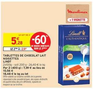 TABLETTES DE CHOCOLAT LAIT NOISETTES LINDT
