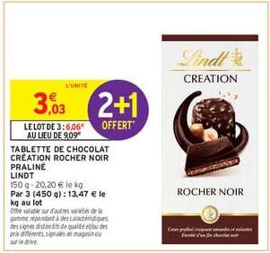 TABLETTE DE CHOCOLAT CRÉATION ROCHER NOIR PRALINÉ LINDT
