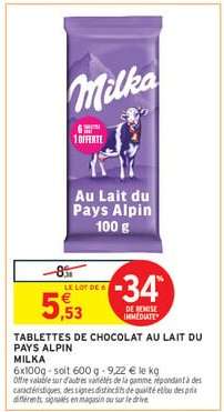 TABLETTES DE CHOCOLAT AU LAIT DU PAYS ALPIN