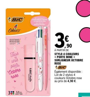STYLO 4 COULEURS + PORTE MINE + SURLIGNEUR OCTOBRE ROSE