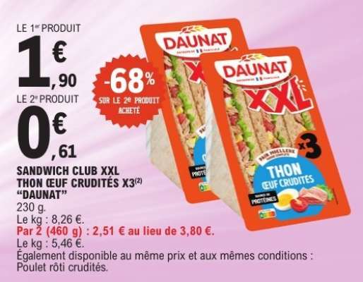 SANDWICH CLUB XXL THON (OEUF CRUDITÉS X3) "DAUNAT"