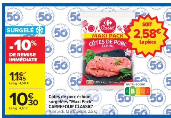 Côtes de porc échine surgelées 'Maxi Pack' CARREFOUR CLASSIC'