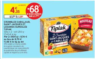 CRUMBLES CABILLAUD, SAINT JACQUES ET LÉGUMES SURGELÉS TIPIAK