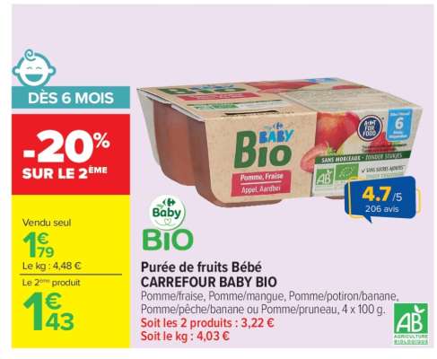 Purée de fruits Bébé CARREFOUR BABY BIO