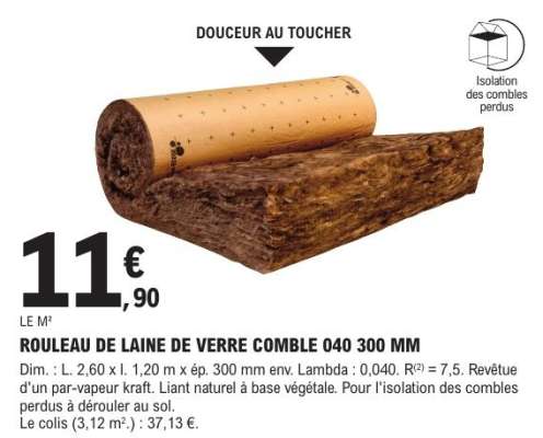 ROULEAU DE LAINE DE VERRE COMBLE 040 300 MM